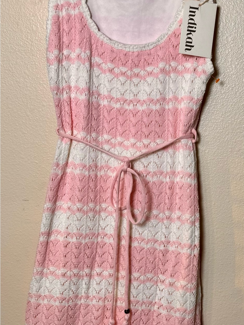ndikah NWT Size M Pink White Pointelle Knit Belted Midi Dress